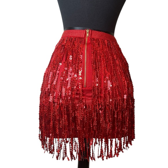 Red Sequins Fringe Skirt High Shine Shimmer Metallic, Performance Wear SZ S - Picture 7 of 17